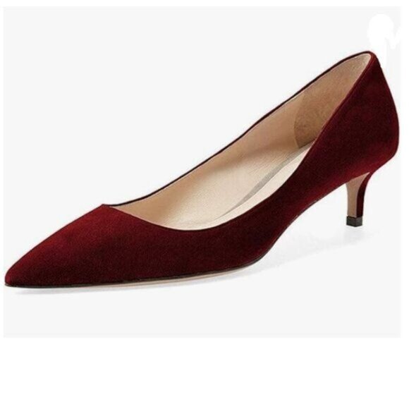 YDN Dark Red Kitten Heel Pumps Pointed Toe Dress Shoe for Office Lady Soft Suede - Picture 1 of 8